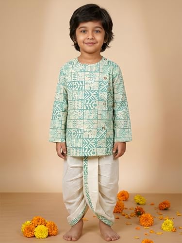 Image of POLKA TOTS 100% Cotton Elegant Traditional Dhoti Kurta Set for Baby Boys | Ultra-soft Cotton Ethnic Dress for Festivals and Weddings | Traditional Angrakha Dress for Kids Boys