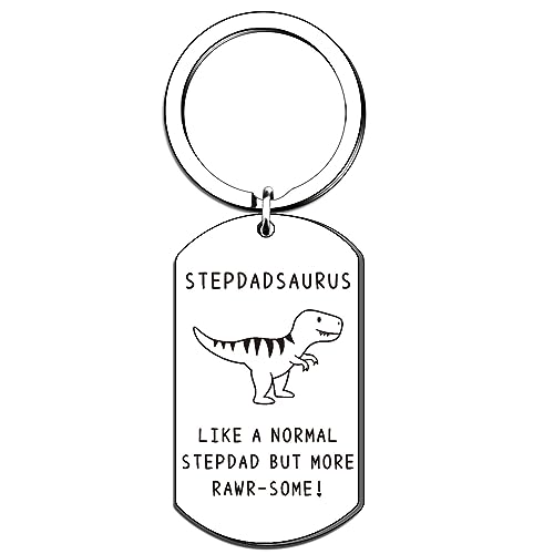QMVMV Funny Step Dad Gifts Stepdadsaurus Keyring from Step Daughter Son Birthday Christmas Thanksgiving for Step Dad