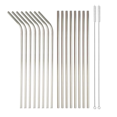 16 Pcs Reusable Stainless Steel Straws, Metal Drinking Straws, Bent & Straight Straws with 2 Cleaning Brush for Cocktail, Milkshake, Cold/Hot Drinks