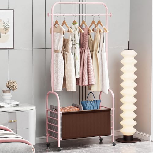 Image of Lukzer | MGR-009 | Pink | Metal Clothes Rail Stand with 360 Rotating Wheels & Leather Storage Bin - 4 Hook Garment Rack Organizer for Bedroom, Closet, Laundry Room, Dormitory | 171 x 75 x 35 cm