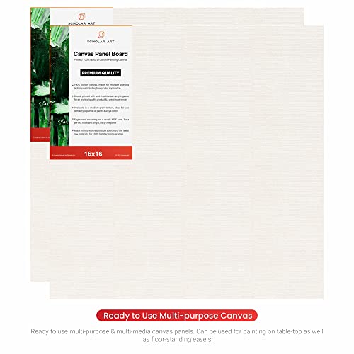 Image of Scholar Art Hobby Series 04 Oz (230 GSM) 100% Cotton Canvas Panel Board for Painting (White Blank Canvas Boards for Acrylic Paint, Oil Paint, Wet & Dry Media) | 16 inchx16 inch (40x40 cm), Pack of 6