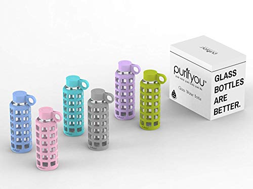 purifyou 40/32/22/12 oz Borosilicate Glass Water Bottles with Volume Markers, Silicone Sleeve, Stainless Steel Lid, Reusable Bottle for Water, Juice, Gym, and Fridge Storage (32oz Set of 6)