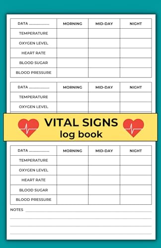 Vital Signs Log Book: Pocket-size undated diary for daily health monitoring, records blood pressure, blood sugar, heart rate, oxygen level, and temperature