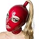 Latex Kapuze mit Zopf und Augenloch, rote Vollgesichtsabdeckung mit Reißverschluss für Meister, Königin, Sex, BDSM, Party, Cosplay, Urlaub