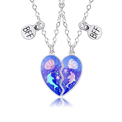 Hifot 2 Piezas Collares de la Amistad, Collar Corazon Cadena Plata Mujer Lentejuelas, Delfín Concha Marina Collares de Mejores Amigas para 2 Niña Bff Regalos Personalizados Accesorios de Amistad