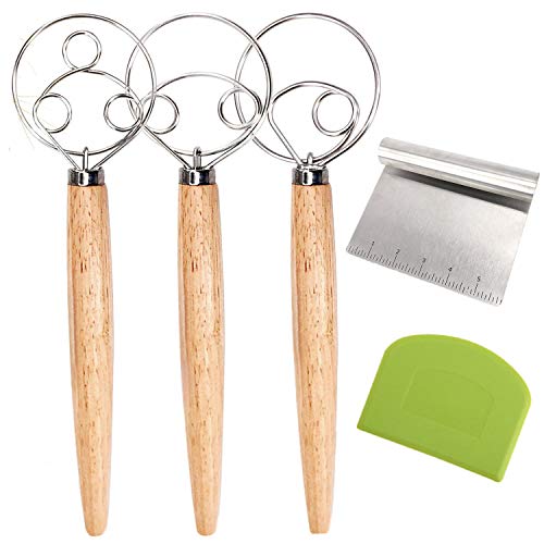 Aebor 3PCS Danish Dough Whisks with a Dough Scraper and a Stainless Steel Dough Pastry Scraper,Wooden Handle Stainless Steel Manual Dough Mixer for Pizza Dough,Bread, Biscuits and Pastry.