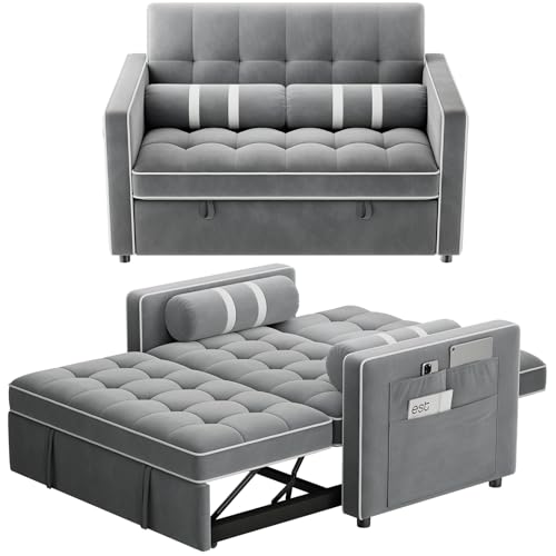 Marsail 3-in-1 Convertible Futon Sleeper Sofa Bed, Pull Out Couch with Adjustable Backrest, USB Charging & Side Pockets, Velvet Fabric Sofa for Living Room, Apartment, Loveseat, Grey