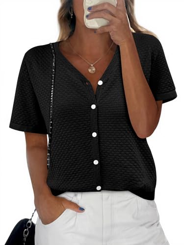 Image of NALANISA Women's Short Sleeve Sweater Spring Summer Crochet Knit Tops 2026 V Neck Striped Button Down Dressy Casual Blouses