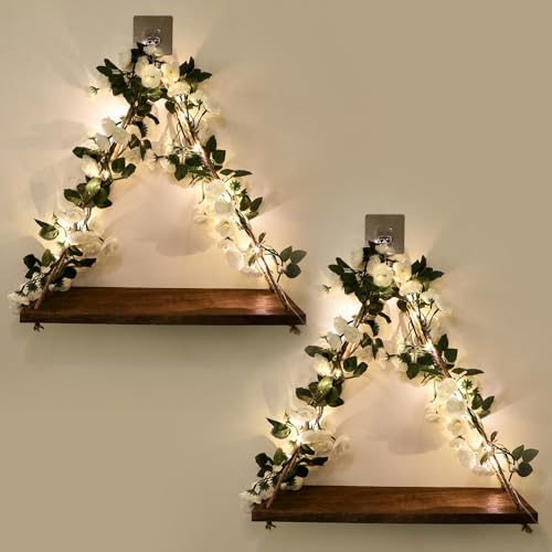 Image of JOPSTDI Floating Shelves for Wall,Plant Wall Decor,Hanging Shelf,Cottage Core Decor,Room Decor Aesthetic,Boho Room,Adhesive Shelves,Floating Shelves for No Drilling,Two-Piece Set(White Flower)