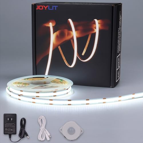 JOYLIT Motion Sensor COB LED Light Strip 16.4FT Cool White 6000K, Movement Activated Auto ON/Off 12V LED Tape 320LEDs/M Bright Uniform, PIR Sensing LED Strip for Stairs, Under Bed, Closet, Cabinet