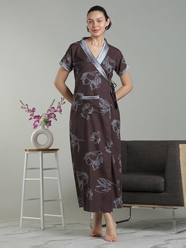 Image of 9shines Label Stylish Cotton Nighty Robe for Women | Front Open Floral Housecoat | Wrap Nighty with Pocket | Adjustable Waist Tie | Plus Size housecoat (HC-2026)
