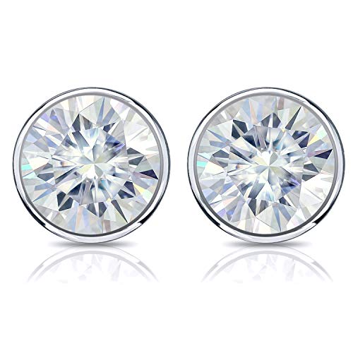 1 to 7 Carat Moissanite Round Stud Earrings in Platinum (J-K, TGW) Bezel Set Screw Back by Diamond Wish3
