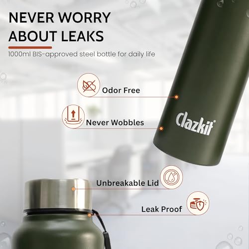 Image of Clazkit Alpha Pro Classic Stainless Steel Water Bottle Single Wall 1000ml| Lightweight, Leak-Proof, Reusable | Ideal for School Kid, Office, Gym & Travel | Green