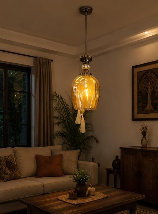Image of kinis Amber Glass Pendant Light for Ceiling | Modern Hanging Lamp for Dining Room, Living Room, Kitchen Island, Bedroom, Cafe, Restaurant & Home Decor (Pack of 1, with Bulb)