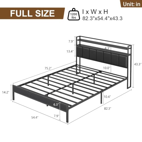 Image of Full Size Bed Frame with Upholstered Headboard and 2-Tier Storage Shelves | Metal / Charging Station / LED Lights / Noise Free / No Box Spring Needed / Black