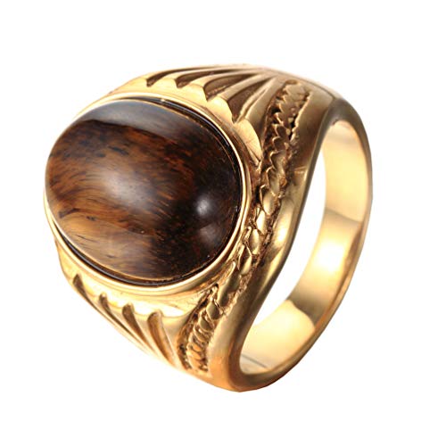 Oakky Unisex Stainless Steel Vintage Oval Gemstone Ring Gold Brown Size 9 #TOP12