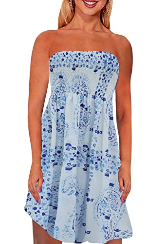 Image of Zyyfly Tube Top Dress Women Summer Beach Coverup Stretch Smocked Strapless Dress