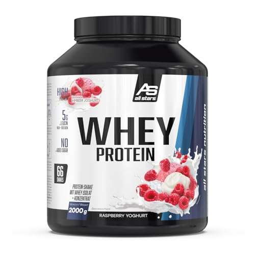 All Stars WHEY PROTEIN 2000g I Eiweiß-Pulver mit Whey-Konzentrat & Isolat I leckeres Low-Fat Powder I hochwertiges Protein-Pulver I cremiger Protein-Shake mit Rapberry Yoghurt Flavour