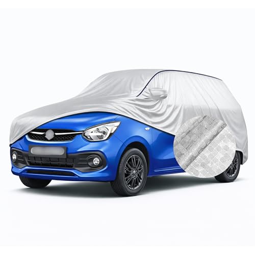 Image of SEAZEN Waterproof Car Cover for Maruti Suzuki Celerio | Dustproof, UV & Scratch Resistant Soft Cotton Lining | Triple Stitched, Mirror Pockets & Elastic Hem | Metallic Silver with Black Piping