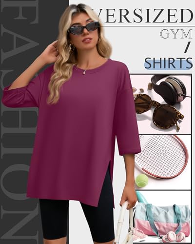 Huukeay 3 Pack Women's Oversized T Shirts Workout 3/4 Sleeve Top Loose Side Split Gym Elbow Crewneck Fall Casual Clothes Tee4