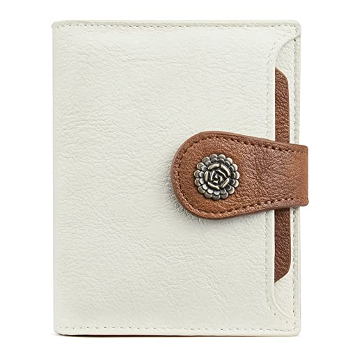 CLUCI Monedero pequeño para mujer, de piel, con hebilla de flores, con ventana para identificación y tarjetas de crédito, para mujeres con cremallera, Yeso Blanco Con Marrón Cover