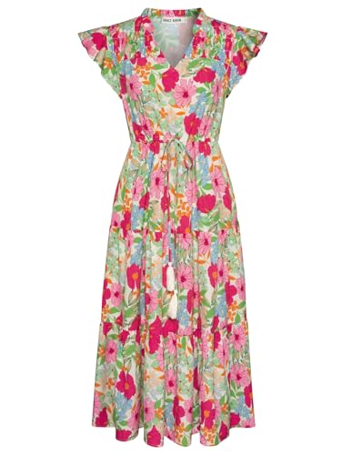 GRACE KARIN Blumiges Midikleid für Frauen Lässiges Stufenkleid Hochzeit Kurze Kappenärmel Fließende Kleider Strandurlaub Lange Kleider mit Taschen...