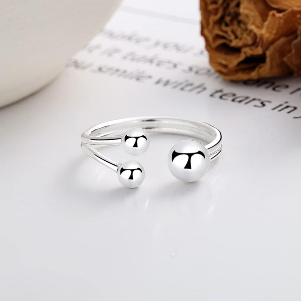 Beaded Ball S925 Sterling Silver Ring for Women Men Geometric Tiny Balls Adjustable Open Band Rings Fashion Simple Statement Stacking Middle Tail Finger Jewelry Minimalist Gift Birthday Xmas - Image 5