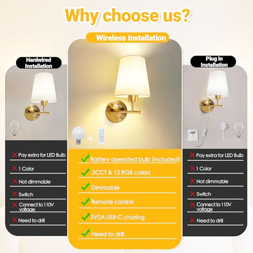 Image of Battery Operated Wall Sconce Set of Two with Remote and Dimmable LED Bulbs, 12 Colors Cordless Rechargeable Wall Lights with Timer, Gold Wireless Wall Lamps for Bedroom Living Room Hallway Entryway