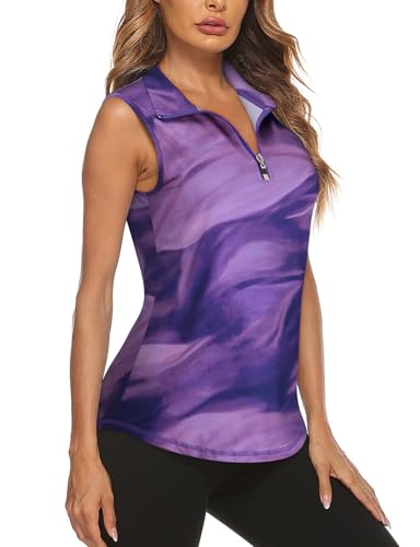 Image of Koscacy Women's Sleeveless Golf Tennis Polo Shirts Zip Up Dry Fit Workout Tank Tops Athletic Shirt
