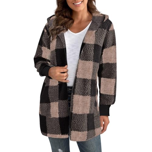 Plaid Jacket for Woman Fleece Hooded Fuzzy Coat Trendy Coatigan Casual Faux Fur Jacket Outwear Cardigan Sweaters2