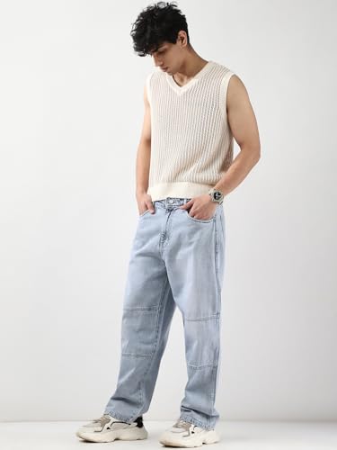Image of Urbano Fashion Men's Loose Baggy Fit Cut and Sew Panelled Jeans Non-Stretchable
