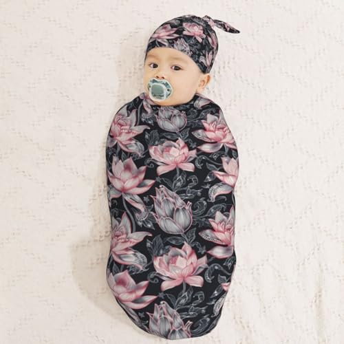 Image of Lotus Bohemians Flowers Paisley Newborn Swaddle Blankets Hat Sets Soft Baby Receiving Blanket Swaddle Sack for Baby Shower Infant Boy Girl Gift