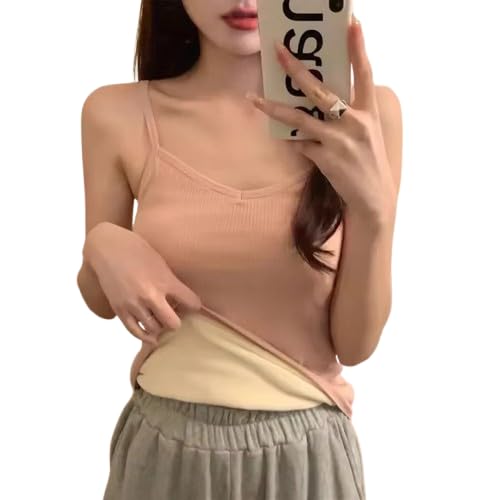 Image of Women's Thermal Fleece-Lined Ribbed Camisole Tank Top -School Girls Adjustable Spaghetti Strap Undershirt, Winter Warm Base Layer Cami, Soft Stretch Sleeveless Top