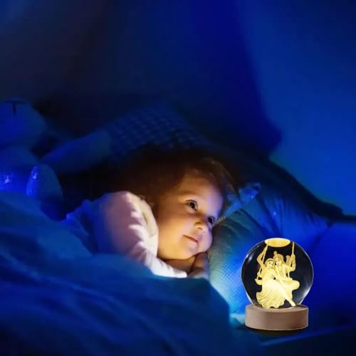 Image of Radha Krishna 3D Crystal Ball Night Light with LED Wooden Stand - Glass Sphere Aquarium Style Lamp for Room Decor & Unique Gifts