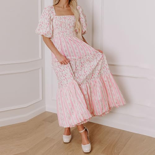 Image of Women Patchwork Dress Y2k Floral Puff Short Sleeve Maxi Dress Summer Boho Smocked Tiered Ruffle Beach Sundress