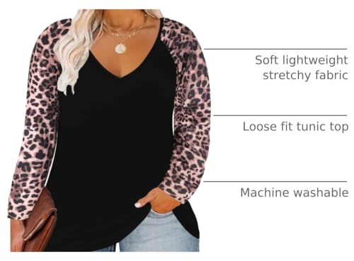 Image of TIYOMI Plus Size Tops for Women Raglan Long Sleeve V Neck T Shirts Casual Color Block Leopard /Floral Tops Winter Tee Shirt