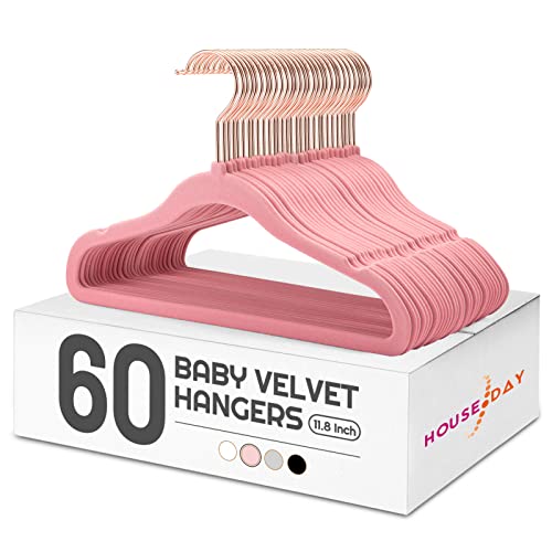 Image of HOUSE DAY Velvet Baby Hangers for Closet, Kids Hangers Velvet 60 Pack, Non Slip Toddler Hangers 11.8 Inch, Cute Baby Clothes Hangers, Childrens Hangers Newborn Hangers for Baby Clothes- Blush Pink