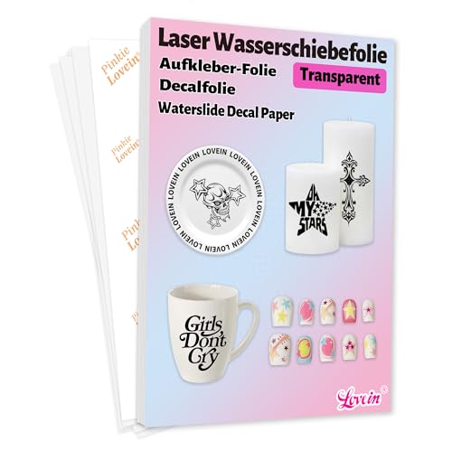 Lovein 10 Blatt A4, Laser Wasserschiebefolie(TRANSPARENT) Decal Abziehbild - Wasser Decal Transferfolie,Nassschiebefolie für Spielzeugmodelle,Tassen,Keramik, Glas, Kunststoff,KERZENTATTOOS,