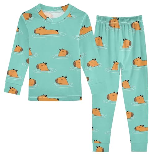 Pajama Sets Long Sleeve Swimming Capybara Pattern Print Soft Comfy Sleepwear 2 Piece PJS 3-8T