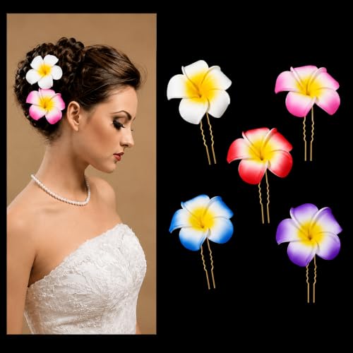 Image of Tia Crafts Colourful Hawaii Plumeria Flower Hair Clips for Women & Girls | Artificial Bridal Bun Hair Pin for Wedding, Beach & Party (Colourful Hawaii - 5)