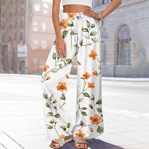 Summer Pants for Women Loose Floral Elastic High Waist Drawstring Wide Leg Pants Lounge Beach Palazzo Trousers with Pockets4