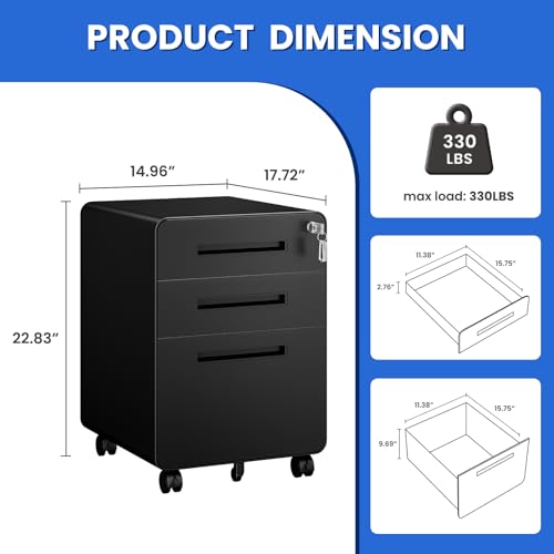 Image of MIIIKO Mobile Filing Cabinet 3 Drawer, Rolling Small File Cabinet with Keys Under Desk, Modern Black Filing Cabinets for Home Office with Anti-tilt Wheels, A4 /Letter /Legal Hanging File Drawers