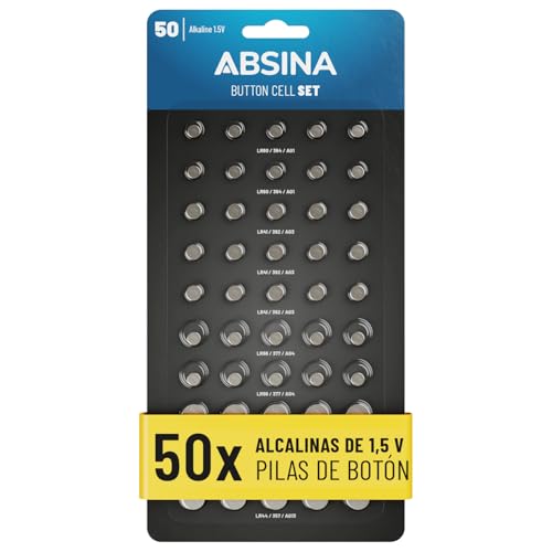 ABSINA Pack de 50 Pilas botón Alcalinas - 10x AG1 LR621, AG4 LR66, AG10 LR1130 / 15x AG3 LR41/ 5X AG13 LR44 - Surtido 1,5V a Prueba de Fugas - Set de Pilas variadas, Baterías Mixtas