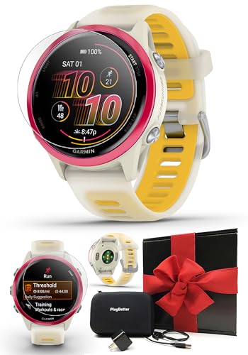 Garmin Forerunner 570 (42 mm, Raspberry/Translucent Bone/Mango) Running GPS Smartwatch - AMOLED Display, Training - Gift Box Bundle with PlayBetter HD Screen Protectors, Wall Adapter & Case