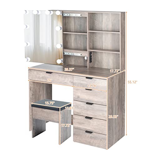 Bituman Modern Vanity Set With Cushioned Stool, Led Dressing Table With 6 Drawers And 2 Shelves Modes Adjustable Brightness, Makeup Vanity Table With Sliding Mirror Cabinet For Girls Women, Gray #TOP4
