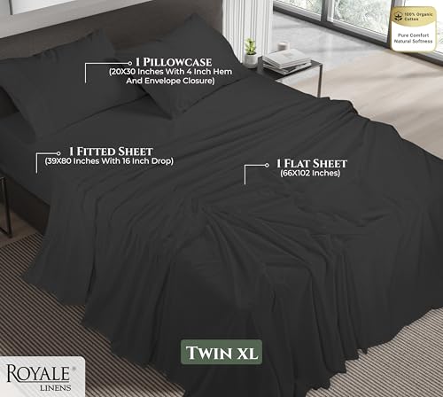 Image of ROYALE LINENS 100% Organic Cotton Twin XL Sheet Set - 16 inch Deep Pocket Bed Sheets - Black Bed Sheets - Sabanas Twin XL - 1 Flat, 1 Fitted & 1 Pillowcases - Black Sheet Set - Cotton Bedding Sets