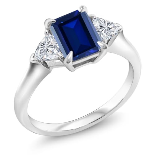 Gem Stone King 925 Sterling Silver Blue Created Sapphire and Lab Grown Diamond 3-Stone Engagement Ring For Women | 1.78 Cttw | Emerald Cut 8X6MM and Trillion 3.5MM | Available in Size 5,6,7,8,92