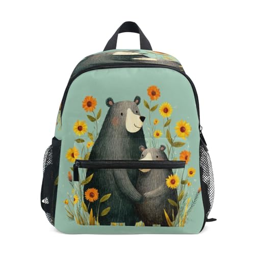 Bear Sunflowers Teal Toddler Backpack Kindergarten Preschool Backpack for Boys Girls Toddler Bookbag