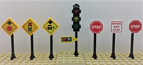 Road Signs & Traffic Lights Building Bricks Play Set Toys Living Traffic Toy Signs For Kids-Building Toys City Street Village, 7 Piece Educational Learning Gift #TOP7