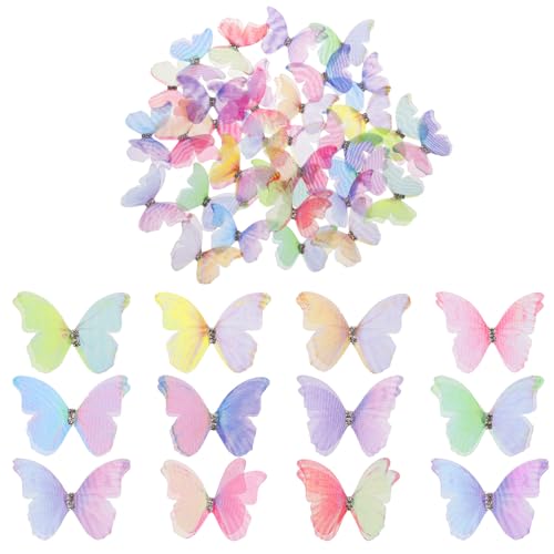 LIQWEI 36 Stück Organza Stoff Schmetterling, Durchscheinender Chiffon Schmetterling 3D Farbverlauf Schmetterlinge Für DIY Dekoration Scrapbooking Fenster Haarspange Dekoration und Gepäck Wand